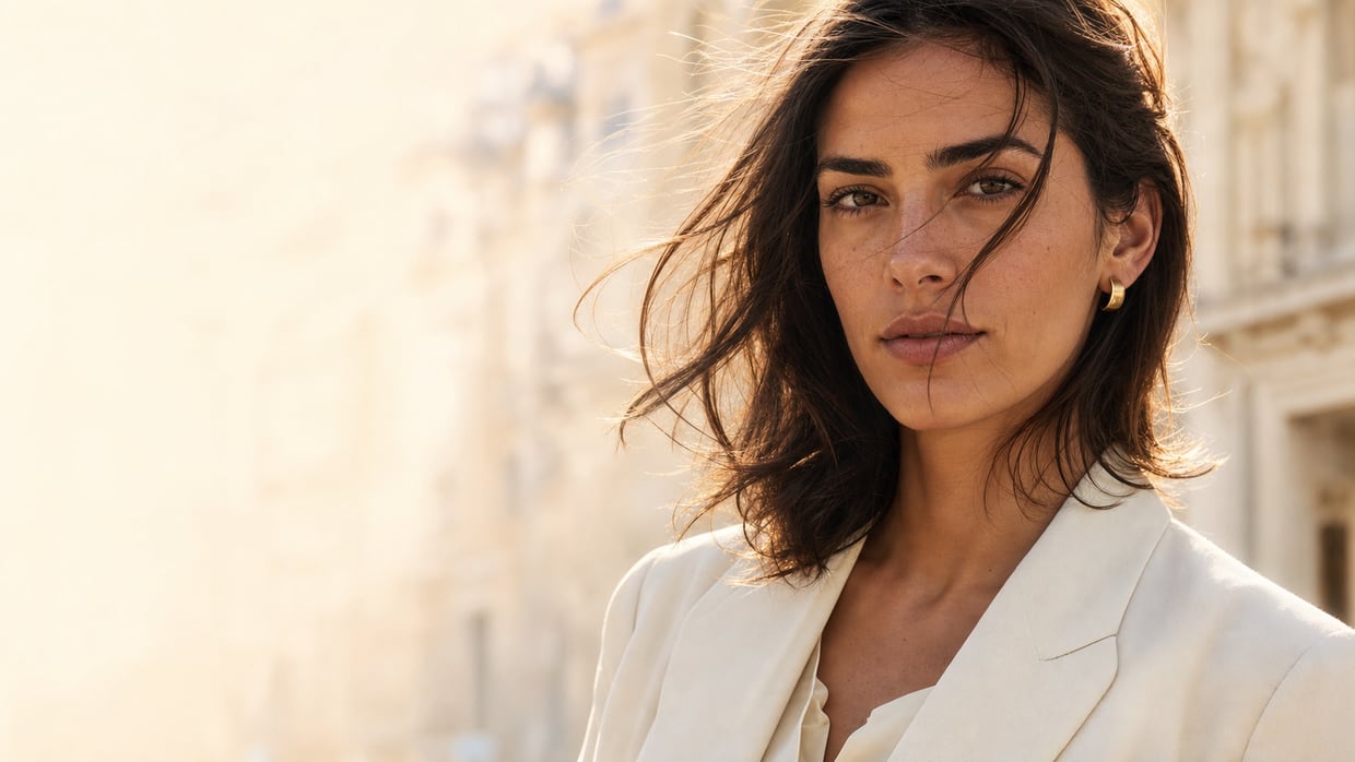 The face of Élane: a model in a cream tailored blazer, hair lifted by the wind, photographed in warm afternoon light against pale stone architecture