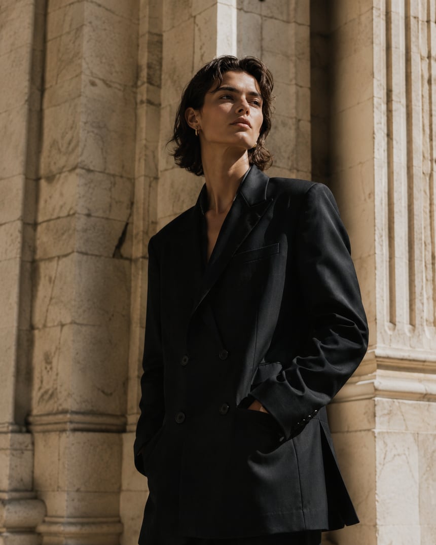 Model in an oversized black double breasted blazer, standing against the pale stone columns of a historic colonnade