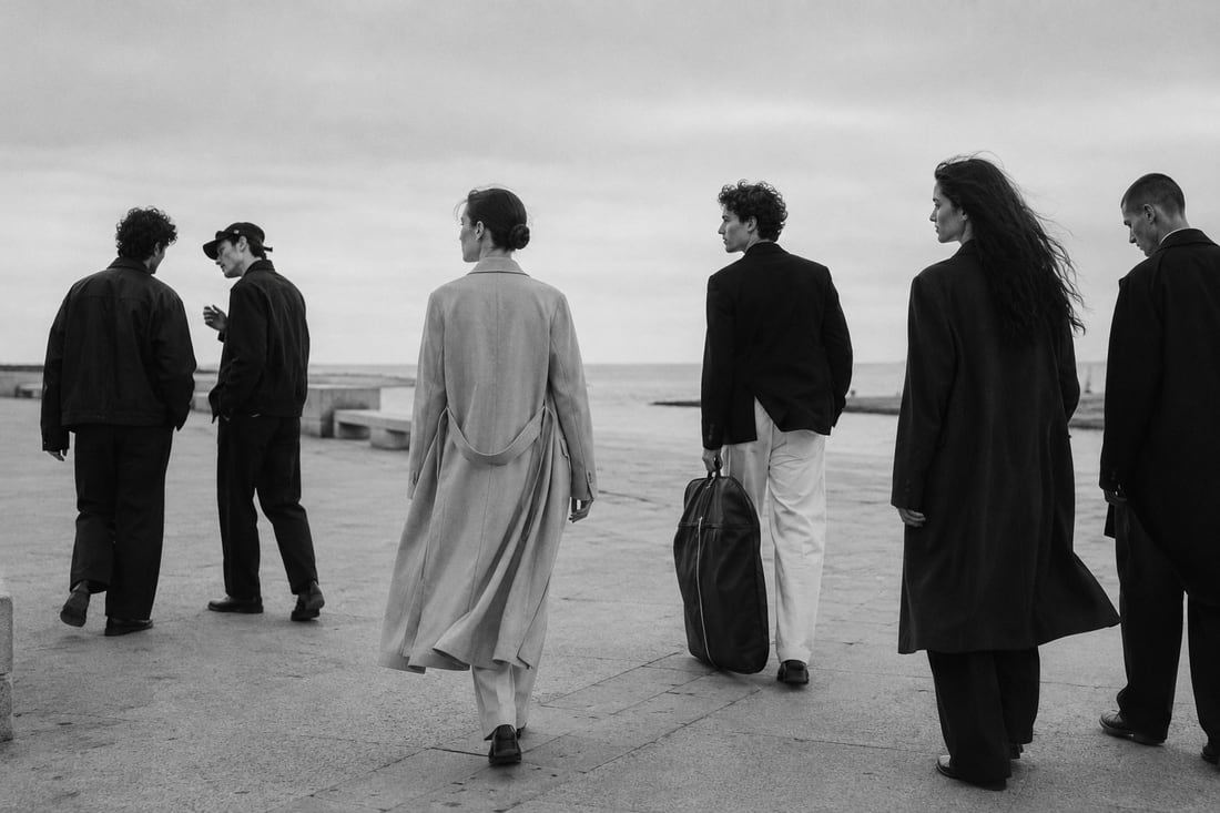 Six models in tailored coats crossing a seafront promenade in flat overcast light